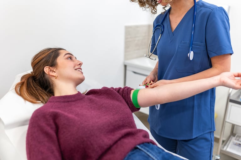 Doctor preparing patient for blood test with healthcare professional putting tourniquet on woman arm in clinic