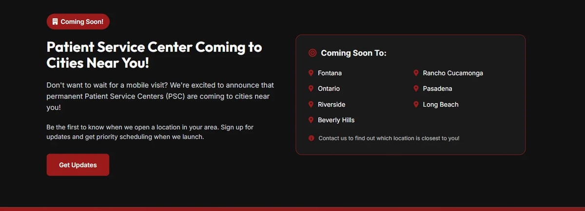 Patient Service Center coming soon announcement with locations listed for Fontana, Ontario, Riverside, Beverly Hills, Rancho Cucamonga, and Long Beach