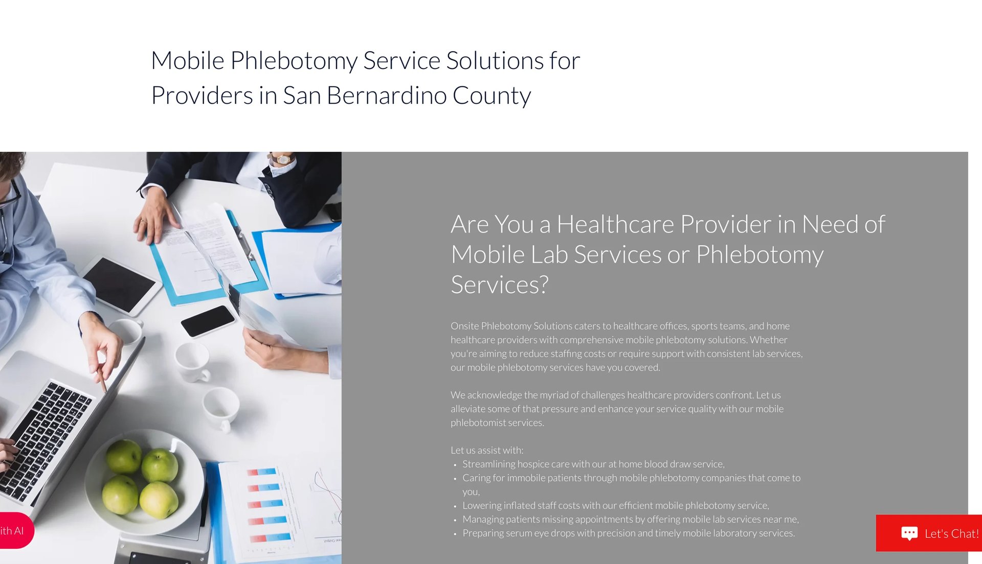 Healthcare providers collaborating around a desk with laptops and mobile devices, with text about mobile phlebotomy services in San Bernardino County