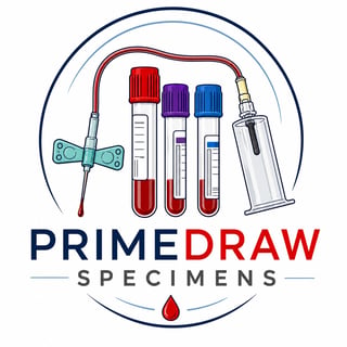 PrimeDraw Specimens logo featuring blood collection tubes, syringe, tourniquet, and dropper with a blood droplet